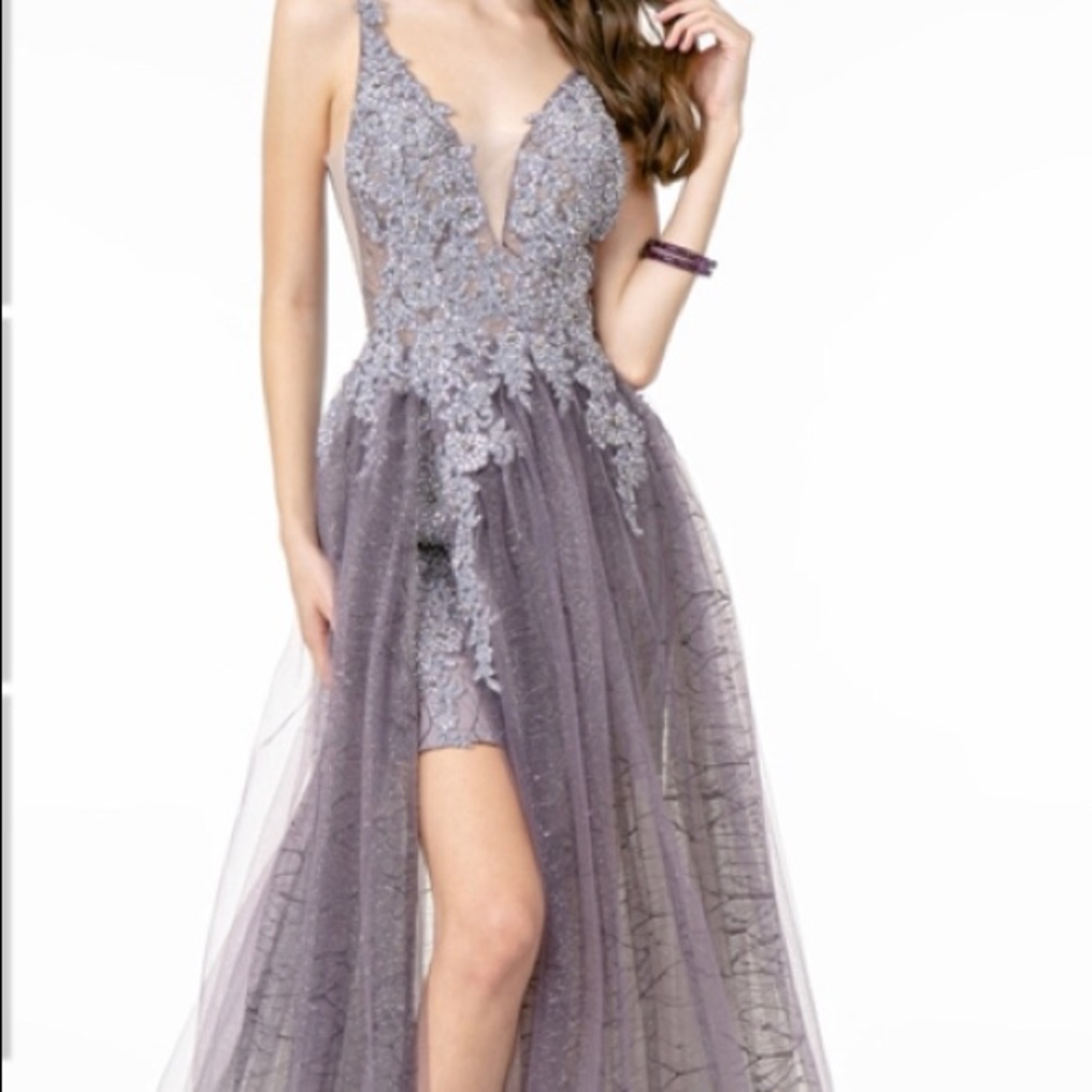 llusion V-Neck Glitter Mesh Long Dress